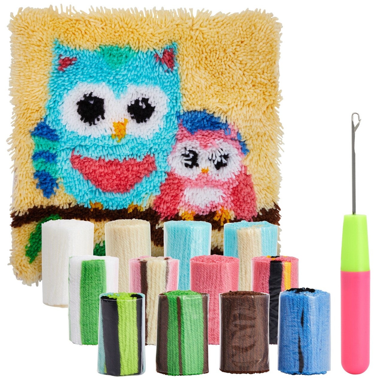 5-Piece Owl Latch Hook Pillow Kit, Rug Hooking Kits for Adult Kids Beginners, DIY Crafts (16 x 16 In)